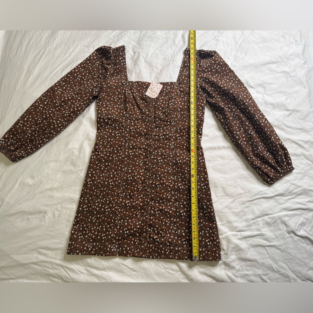 Free People Clementine Corduroy Mini Dress Brown Floral Puff Sleeve Size 10 NWT - Picture 8 of 13